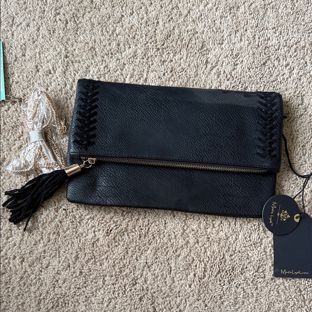 Moda Luxe Black Clutch with Tassel Detail